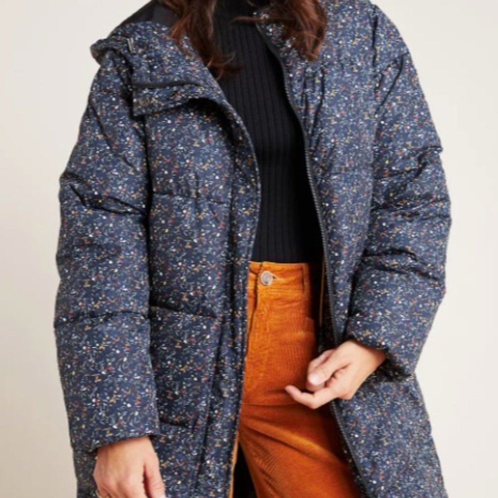 Anthropologie Numph Butterfly Navy Puffer Coat M L